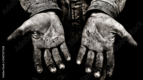 Hard work shown in hands of a laborer highlighted in monochrome style