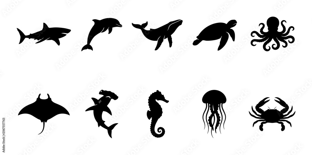 Fototapeta premium Marine Life Silhouette Icon Collection Set Featuring Various Underwater Sea Animals and Ocean Creatures
