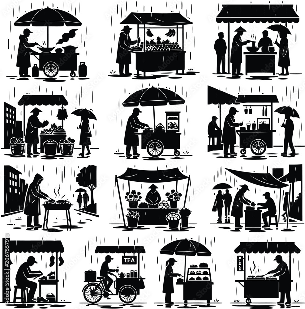 Fototapeta premium Street food vendors under umbrellas in rain