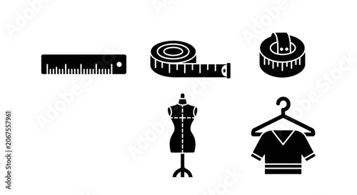 Tailoring Icons: Ruler, Measuring Tape, Mannequin, Hanger with Shirt