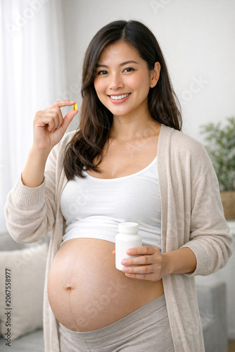 Smiling woman in a white tank top holding vitamins and showing her pregnant belly