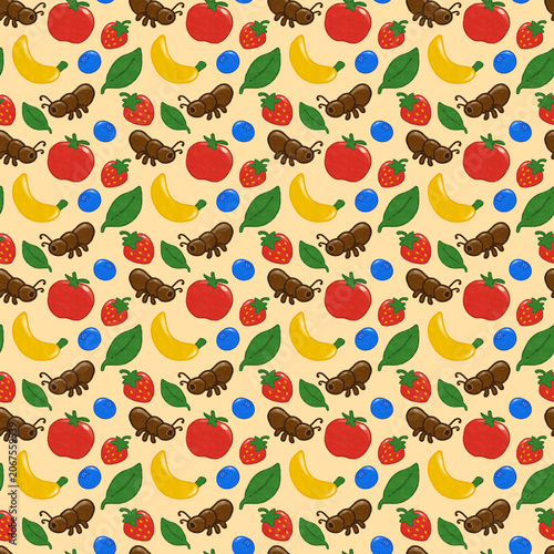 Seamless pattern featuring hand-drawn cute ants, tomatoes, bananas, blueberries, strawberries and leaves. Bright, colorful summertime design with randomly scattered elements for beautiful backgrounds.