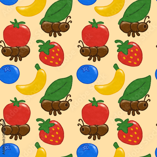 Seamless pattern featuring hand-drawn cute ants, tomatoes, bananas, blueberries, strawberries and leaves. Bright, colorful summertime design with randomly scattered elements for beautiful backgrounds.