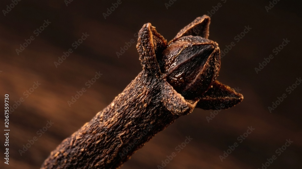Fototapeta premium Extreme Macro of a Single Dried Clove Showing Four Lobed Calyx Crown and Ridged Stem with Natural Essential Oil Sheen Under Side Light.