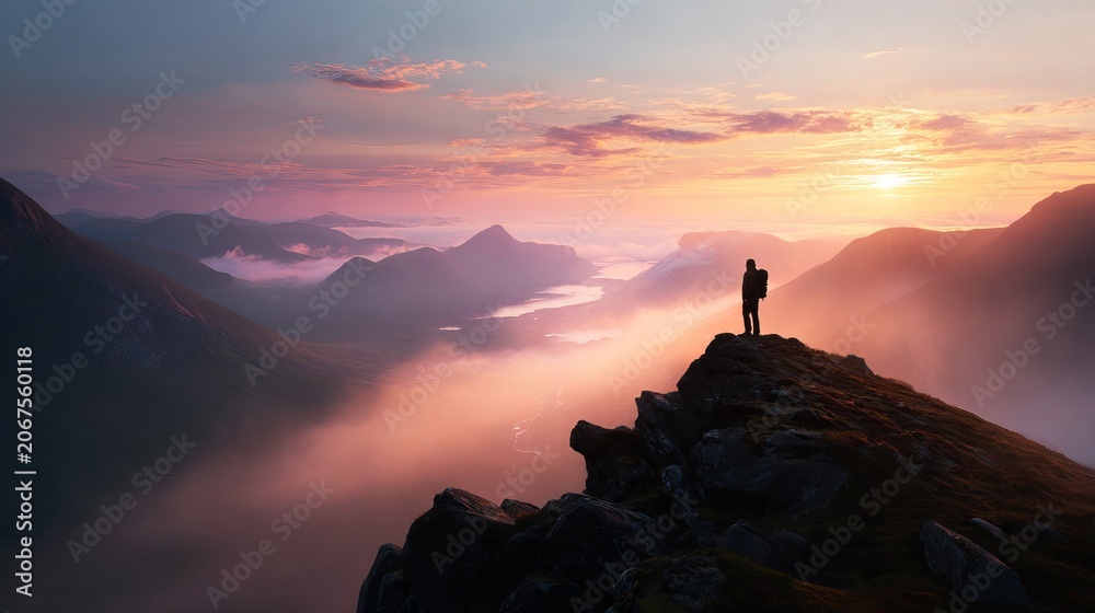 Fototapeta premium Lone hiker standing on a rocky mountain peak looking at a beautiful golden sunset over the misty valley below today