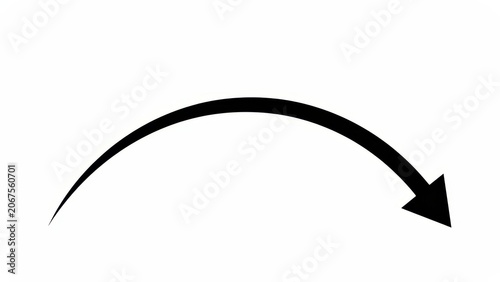 Simple black curved arrow pointing down on a white background