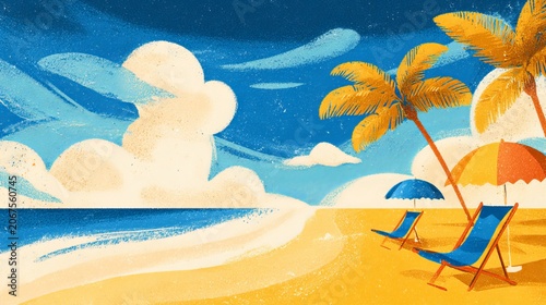 Colorful summer beach background illustration with ocean waves, palm trees, golden sand, sunny blue sky, tropical vacation setting, horizontal view