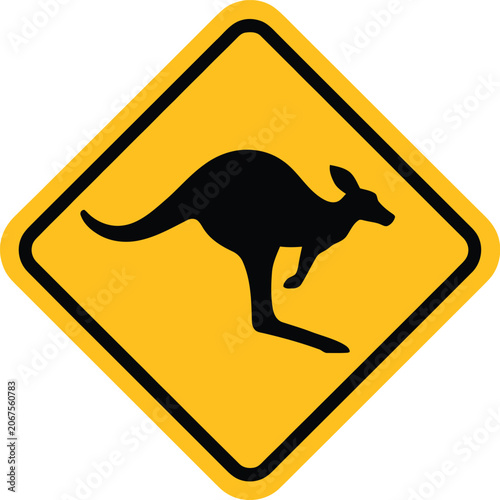 Yellow diamond-shaped road sign with a black silhouette of a jumping kangaroo, australian wildlife warning symbol on a white background