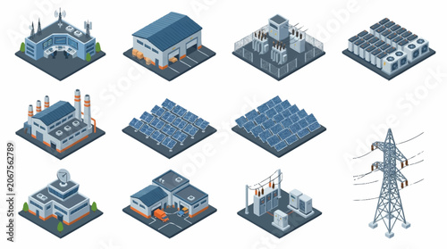 Isometric Industrial Buildings and Power Infrastructure Set.