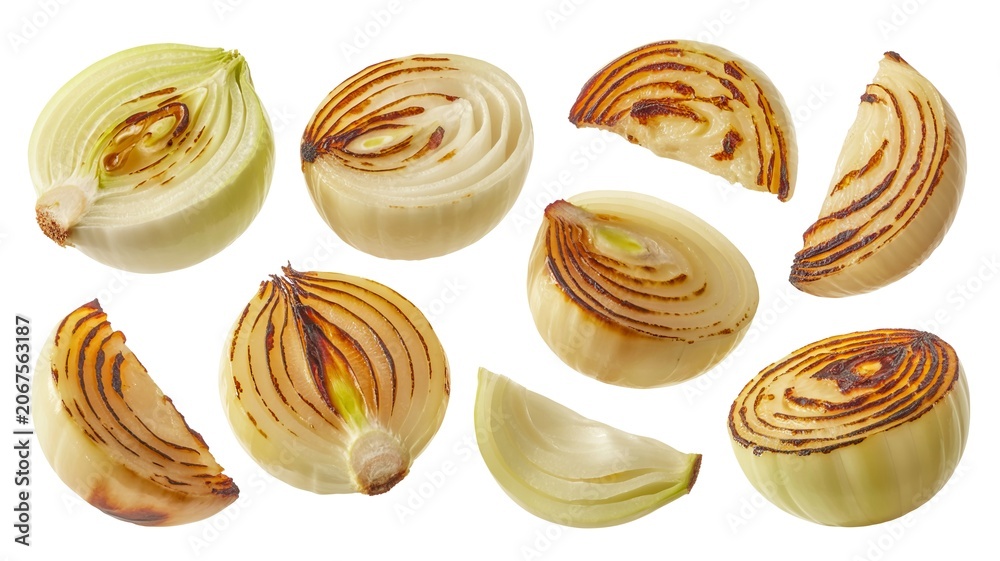 Fototapeta premium Multiple pieces of fresh grilled yellow onions arranged in a collection isolated on white background