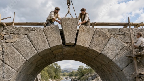 keystone. The final keystone being placed into a stone arch bridge, architectural detail. real-estate listings.