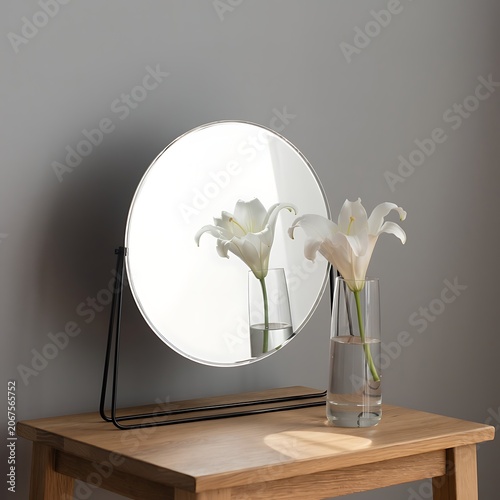 Round Mirror with Lilies on Wooden Table.