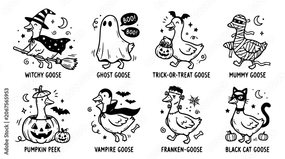 Obraz premium Set of cute halloween geese characters in various costumes