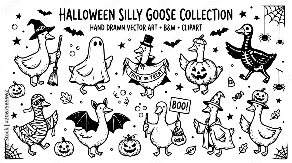 Fototapeta premium Halloween silly goose collection hand drawn vector art clipart