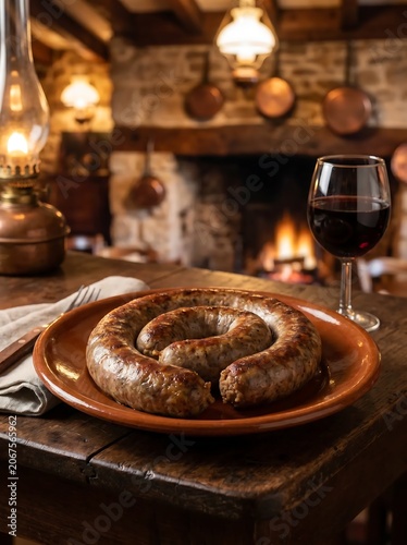 Sausage and Wine by the Fireplace.