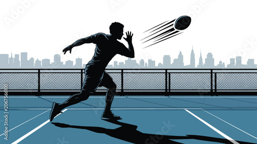 Foto Silhouette of a man playing tennis on a blue court with a city skyline in the ba