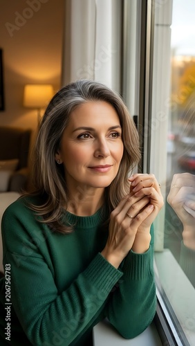 Woman in green sweater using smartphone indoors.