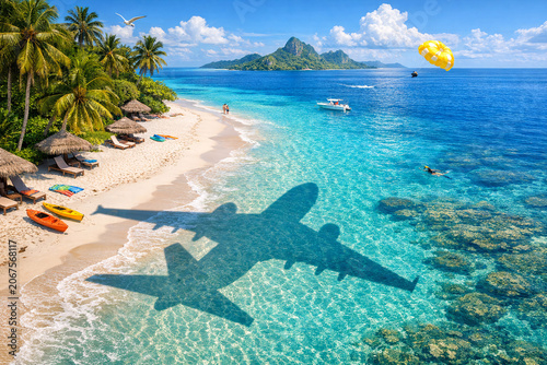 Aerial view of a tropical beach with clear blue waters and palm trees in the foreground.
