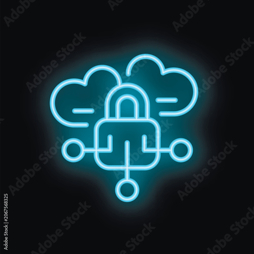Blue neon icon representing a cloud computing security system with a padlock