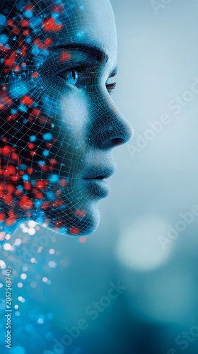 Futuristic digital portrait of a woman with artificial intelligence elements and glowing data particles. Modern technology and AI innovation concept in a vibrant blue and red color scheme