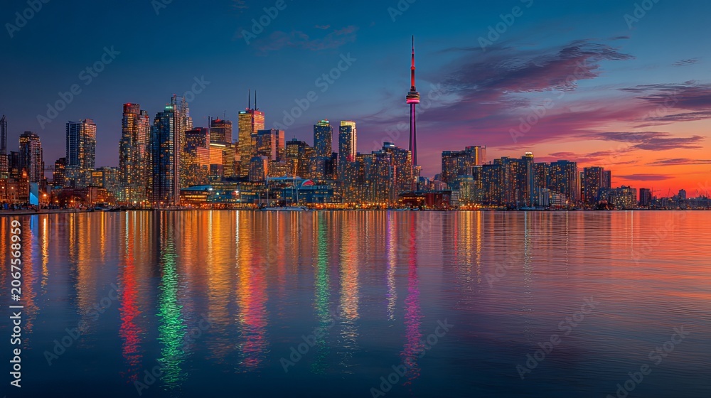 Obraz premium Panoramic view of the Toronto city skyline featuring the iconic CN Tower reflecting beautifully on the calm lake water surface