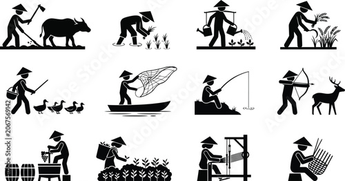 Foto Set of icons depicting traditional asian farming, fishing, hunting, and craft ac