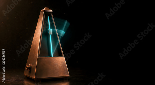 Bronze metronome with blue glowing pendulum on a dark background