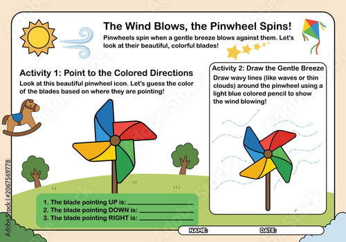 Educational kids worksheet focusing on directional awareness and drawing gentle breeze pinwheel activities.