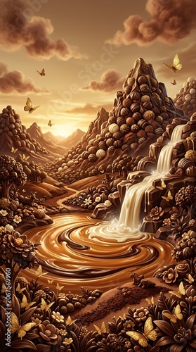 Chocolate river and waterfall in sweet fantasy landscape
