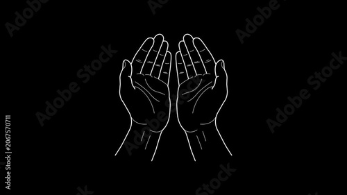 Islamic Praying Real Hands Icon drawing animation featuring a clean black line reveal. Perfect for Dua supplication scenes, Ramadan spiritual content, and minimalist Islamic storytelling with alpha ch