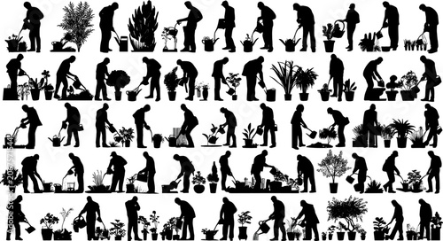 Foto Gardening and Plant Care Silhouette Vector Icon Set with People Watering Potted