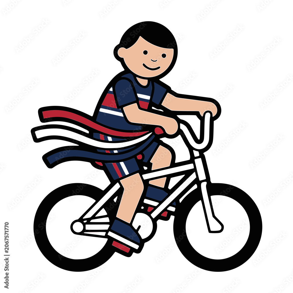 Naklejka premium Happy boy riding a bike with patriotic red, white, and blue streamers. Flat vector illustration isolated on white. Ideal for 4th of July, kids summer activities, and Independence Day designs