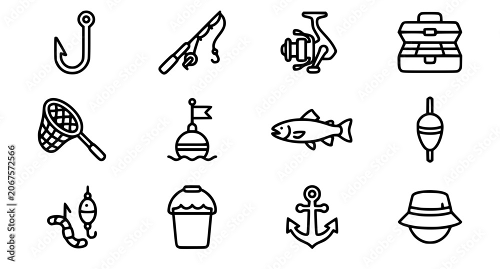 Fototapeta premium Fishing Equipment Line Icon Set with Fish Hook Rod Net Buoy and Tackle Box Editable Stroke Vector