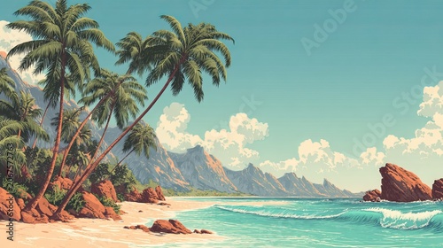 Wide-angle photograph of tropical beach, turquoise ocean waves crashing, sandy shore with palm trees, bright sunny day, nature background, copy space