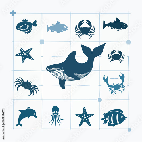 Blue whale and marine animal sketch icons.