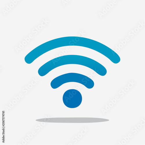 Blue wireless wifi signal icon with drop shadow.