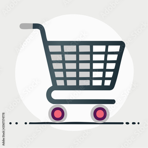 Bold shopping cart silhouette with red wheel accents.