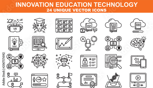 Innovation education technology icon set. online learning system development line icons. vr headset virtual reality innovation.
