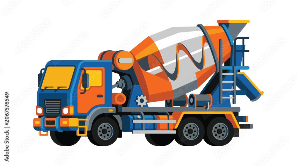 Naklejka premium Modern orange and blue concrete mixer truck flat vector icon isolated on white background for construction industry use