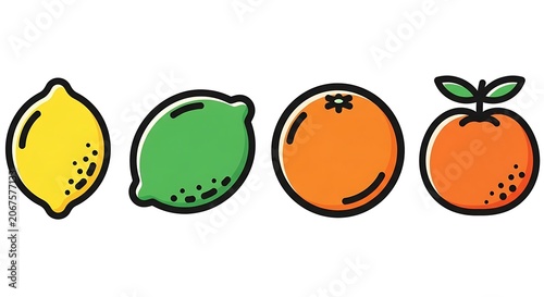 Colorful fruit slices and citrus fruit with leaves.