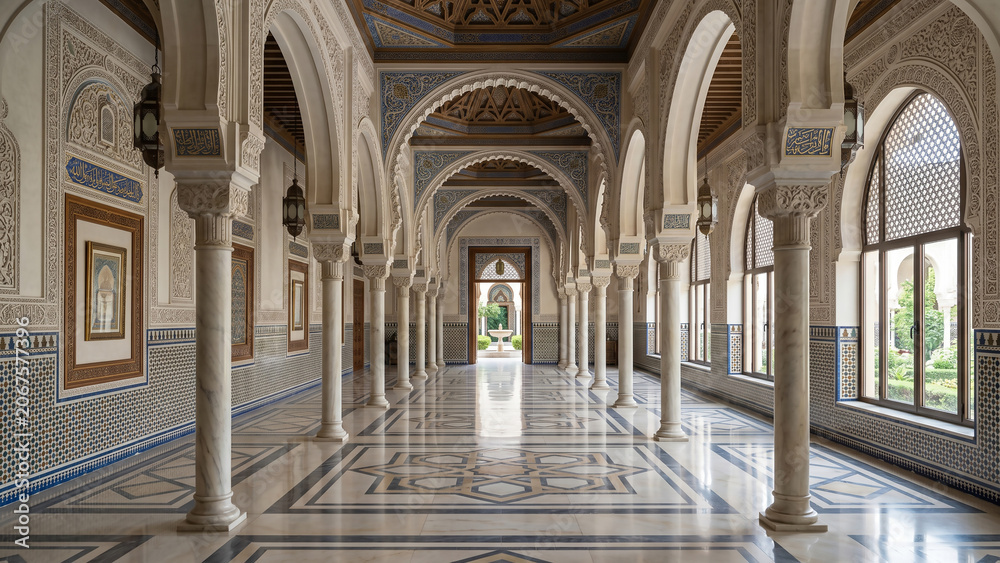 Obraz premium Elegant Islamic gallery corridor with decorative arches, polished marble flooring, symmetrical architecture, and sophisticated Middle Eastern design elements.