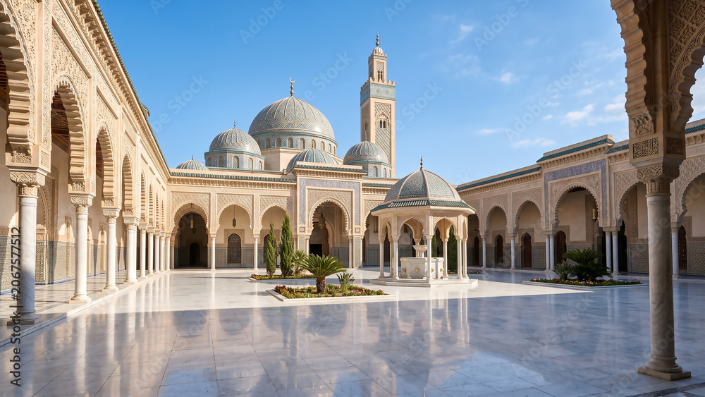 Fototapeta premium Majestic mosque courtyard featuring polished reflective flooring, elegant domes, graceful arcades, and timeless Islamic architectural beauty.