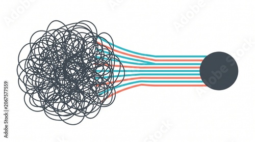 Minimalist flat vector illustration of tangled messy lines transitioning into straight organized lines, representing the concept of chaos to order and problem solving