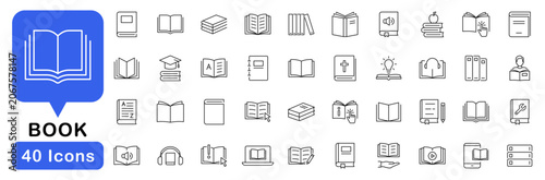 Book icon set. Reading icons in line style. Editable web icons for education, study, learning, science, library etc. Vector illustration.