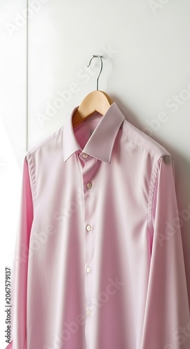 Woman in pink blouse adjusting white shirt collar.