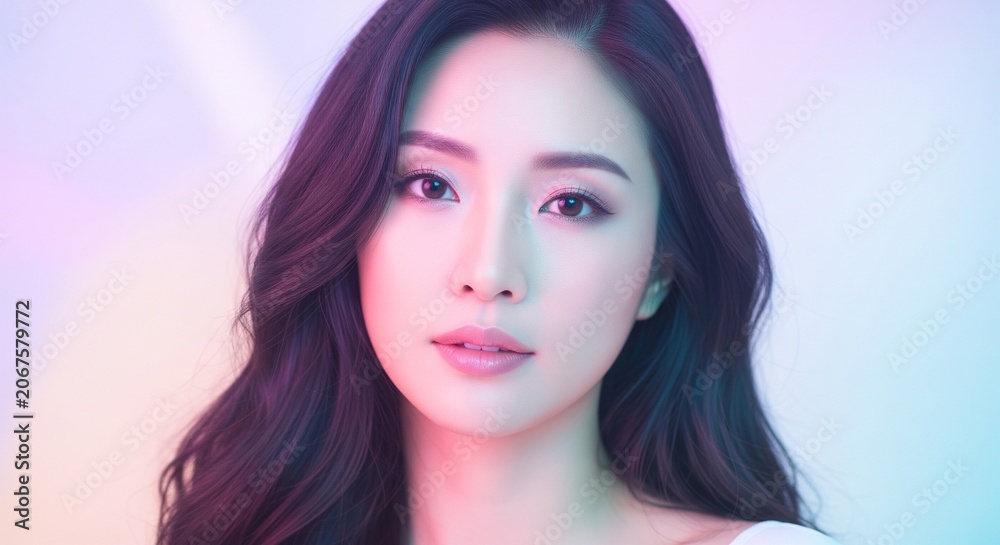 Naklejka premium Studio portrait of a beautiful Asian woman with long dark hair under vibrant pink and blue neon lights