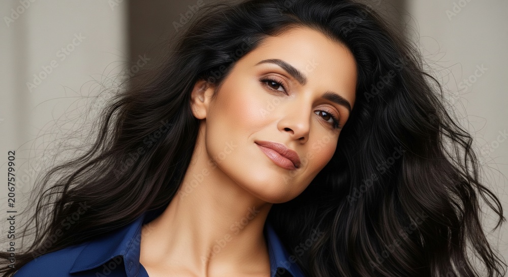 Naklejka premium Close-up portrait of an attractive woman with voluminous, dark curly hair looking confidently at the camera in a dark blue shirt