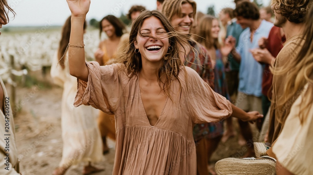 Fototapeta premium Young woman in a tea rose chiffon dress dancing at a vineyard, celebrating with friends in a luminous, hazy countryside setting for travel lifestyle content