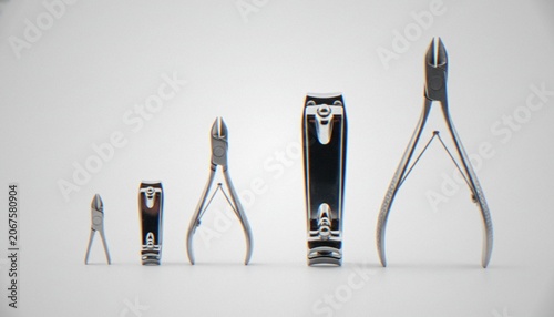 Obraz na plátne A set of various stainless steel nail clippers and cuticle nippers arranged in a line on a clean white background