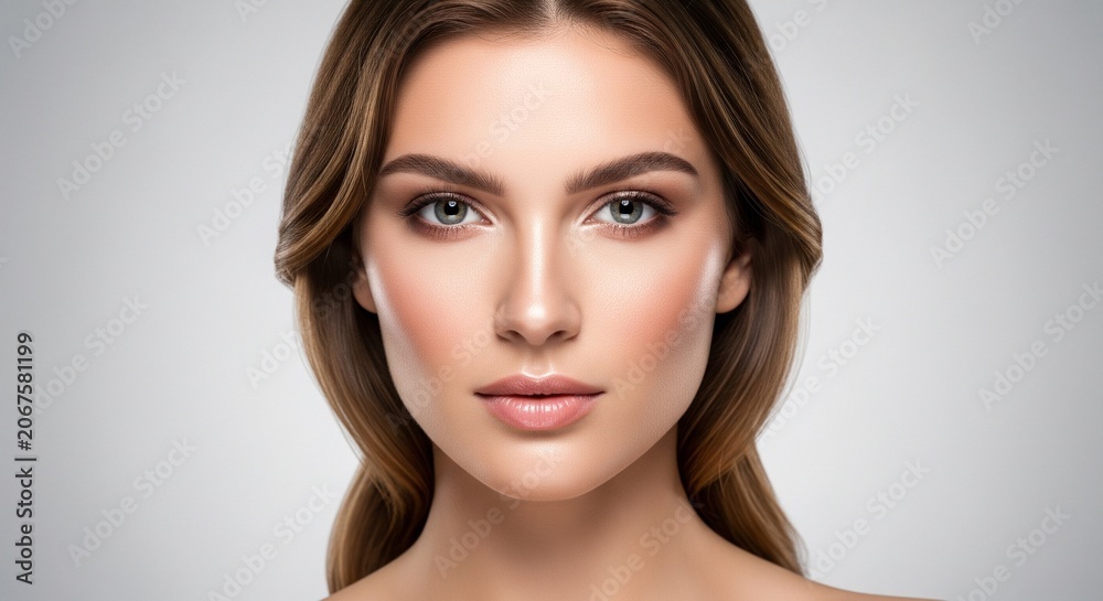 Fototapeta premium Symmetric beauty portrait of a young woman with brown wavy hair and clean skin looking forward on a grey studio background